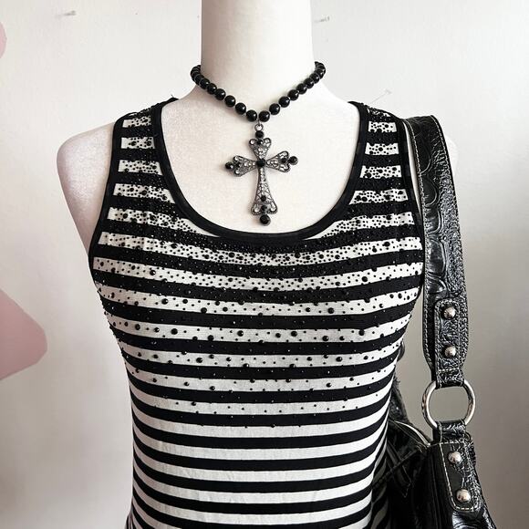 Y2K Black Striped Mini Dress, Goth Grunge 2000s Edgy Indie Sleaze - Picture 2 of 5